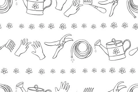 Seamless pattern with outline garden equipments: watering can, rake, hoe, glo Stock Illustration