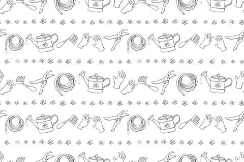 Seamless pattern with outline garden equipments: watering can, rake, hoe, glo Stock Illustration