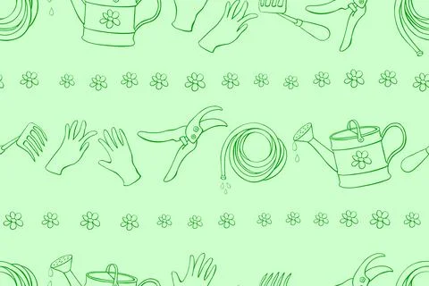 Seamless pattern with outline garden equipments: watering can, rake, hoe, glo Stock Illustration