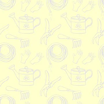 Seamless pattern with outline garden equipments: watering can, rake, hoe, glo Stock Illustration
