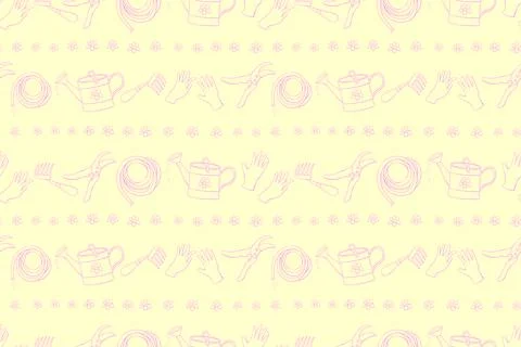 Seamless pattern with outline garden equipments: watering can, rake, hoe, glo Stock Illustration
