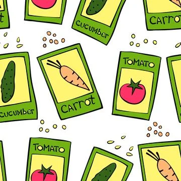Seamless pattern of outline green paper bags with seeds vegetables. Bright .. Stock Illustration