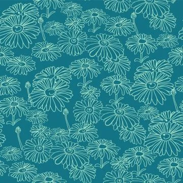Seamless pattern with outline hand drawn chamomiles flowers Stock Illustration