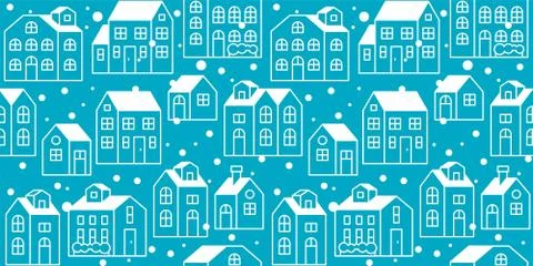 Seamless pattern outline house or cottage in winter theme,flat design vector  Stockillustratie