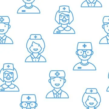 Seamless Pattern with Outline Icons of Nurses and Doctors. Stock Illustration