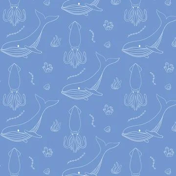 Seamless pattern with outline illustration of whale, squid, coral, seaweed on a Illustrazione stock