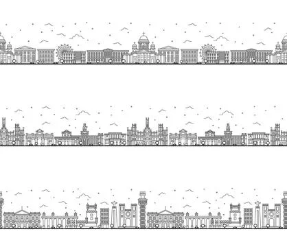 Seamless pattern with outline Madrid Spain, Lisbon Portugal and Helsinki Fi.. Stock Illustration
