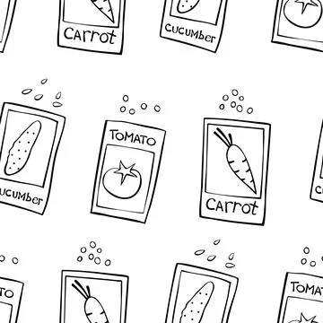 Seamless pattern of outline paper bags with seeds vegetables. Vector backgrou イラスト素材