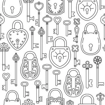 The seamless pattern with  outline retro keys and locks. Stock Illustration