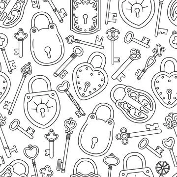 The seamless pattern with  outline retro keys and locks. Stock Illustration