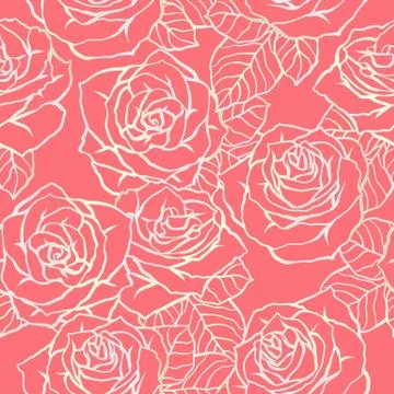 Seamless pattern with outline roses. Beautiful flowers and leaves. Stock Illustration