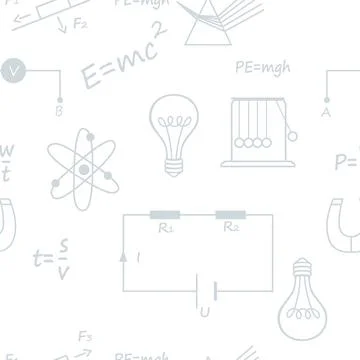 Seamless pattern outline style Physics science icons courses online education Stock Illustration