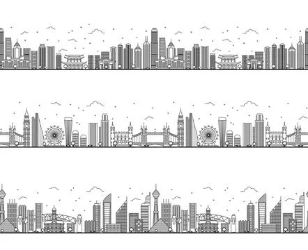 Seamless pattern with outline Sydney Australia, London England and Hong Kon.. Stock Illustration