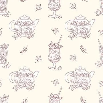 Seamless Pattern with Outline Teapot and Glassware for Currant Tea. Fruit S.. Stock Illustration