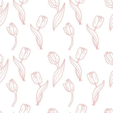 Seamless pattern outline tulips on white background. Botanical spring flowe.. Stock Illustration