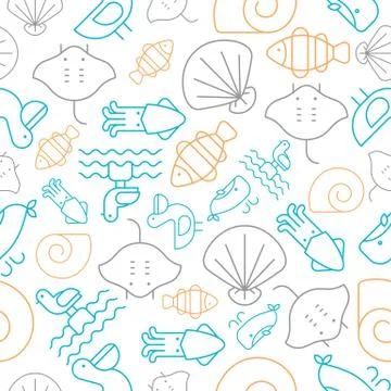 Seamless pattern outline, under the sea summer theme Stock Illustration