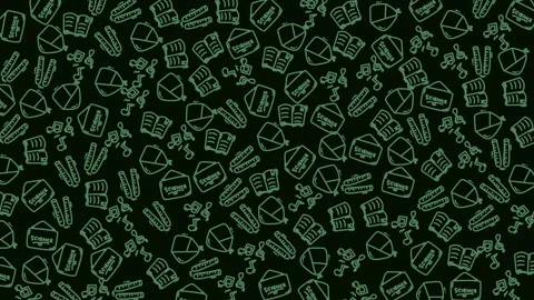 Seamless pattern of outlined books pens and stationery in green on black ba.. Stock Footage 321639834