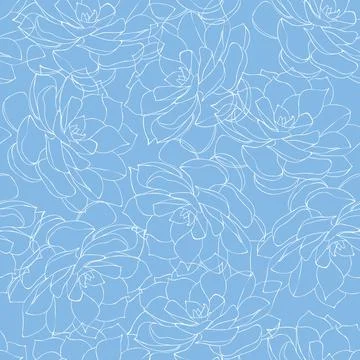 Seamless pattern with outlined succulents on blue background Stock Illustration