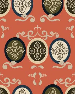 Seamless pattern of oval elements, inside which there are openwork shapes. Stock Illustration