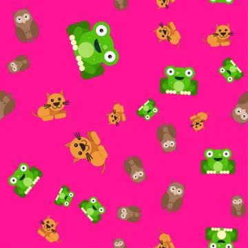 Seamless pattern of owl and cat frog. Stock Illustration