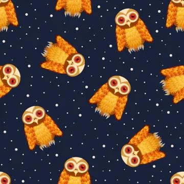 Seamless pattern owl on blue night scene background, kid design style, vector Illustrazione stock