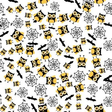 Seamless Pattern with Owl, Spider, Bat and Web. Stock Illustration