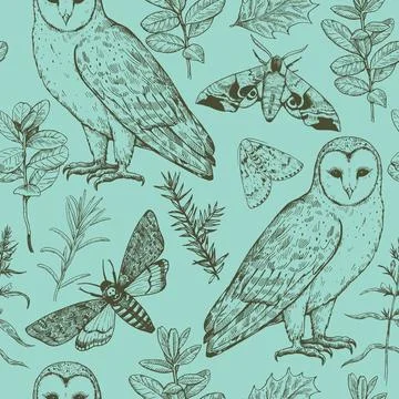 Seamless pattern with owls and moths. Magic forest print. Monochrome vector.. Illustrazione stock