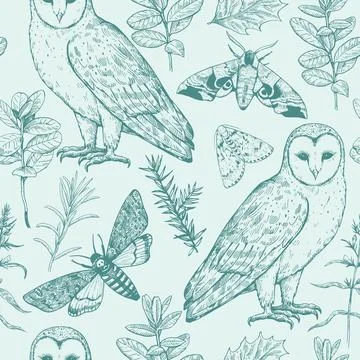 Seamless pattern with owls and moths. Magic forest print. Monochrome vector.. Illustrazione stock