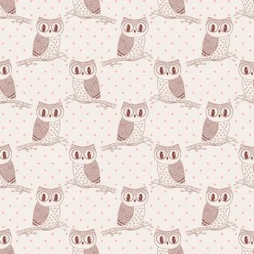 Seamless pattern with owls and polka dot. Stock Illustration