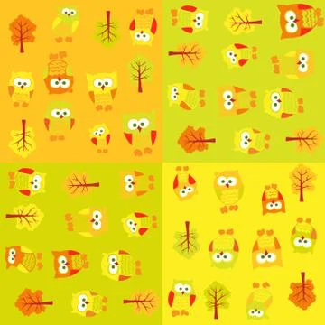 Seamless pattern with owls and trees in squares Stock Illustration