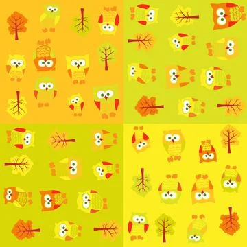 Seamless pattern with owls and trees in squares Seamless pattern with owls... 스톡 사진