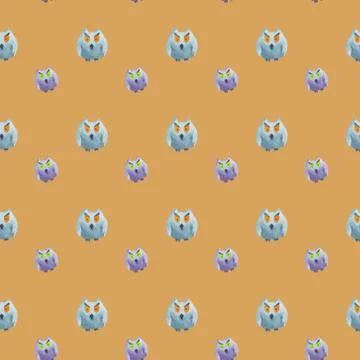 Seamless pattern of owls on beige background Halloween watercolor illustration Stock Illustration