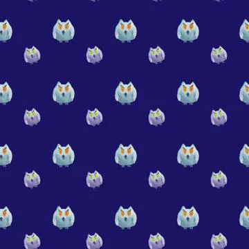 Seamless pattern of owls on blue background Halloween watercolor illustration Stock Illustration