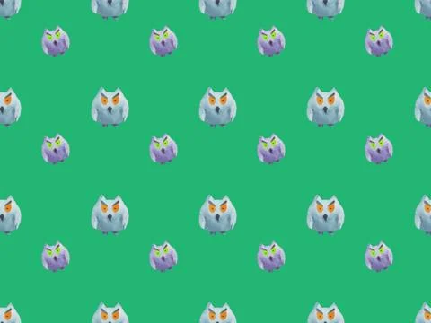 Seamless pattern of owls on green background Halloween watercolor illustration Stock Illustration