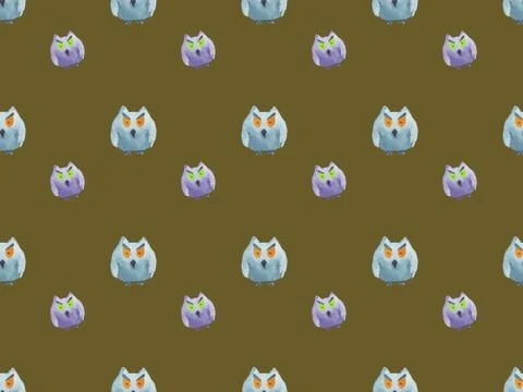 Seamless pattern of owls on khaki background Halloween watercolor illustration Illustrazione stock