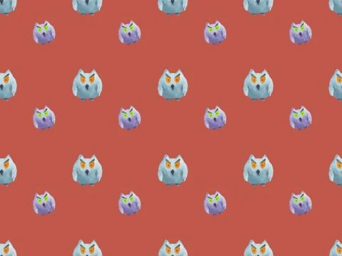Seamless pattern of owls on red background -Halloween watercolor illustration Illustrazione stock
