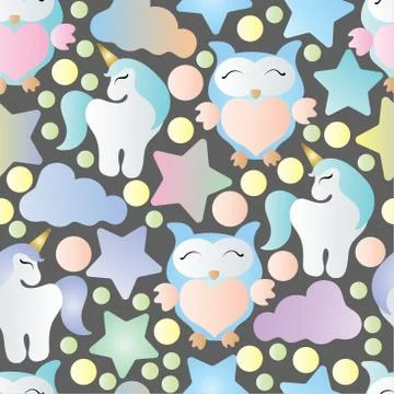 Seamless pattern with owls, unicorn and stars 스톡 일러스트