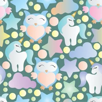 Seamless pattern with owls, unicorn and stars Stock Illustration