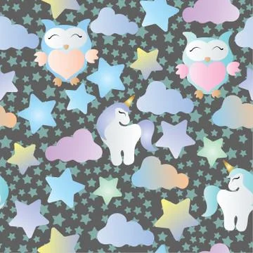 Seamless pattern with owls, unicorn and stars Stock Illustration
