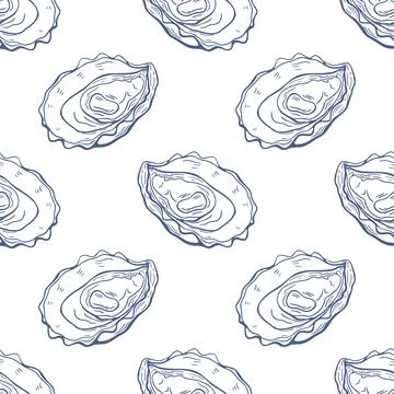 Seamless pattern, oyster, linear pattern, blue on white background. Packagi.. Stock Illustration