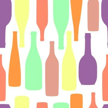 Seamless pattern pack paper with different shaped colorful wine bottles. Flat 스톡 일러스트
