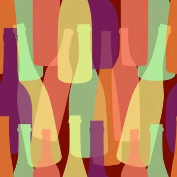 Seamless pattern pack paper with different shaped colorful wine bottles. Flat 스톡 일러스트