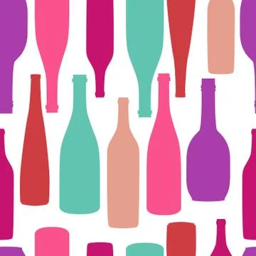 Seamless pattern pack paper with different shaped colorful wine bottles. Flat Stock Illustration