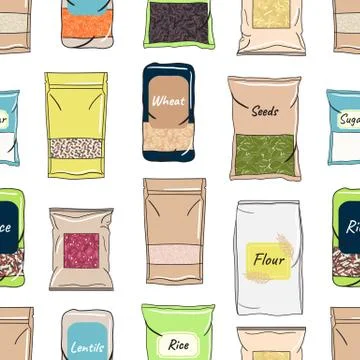 Seamless pattern of packs of cereals for kitchen storage Stock Illustration