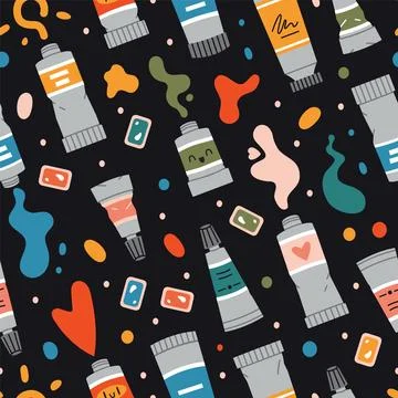 Seamless pattern with Paint tubes on black background, oil paint, acrylic, go Stock Illustration