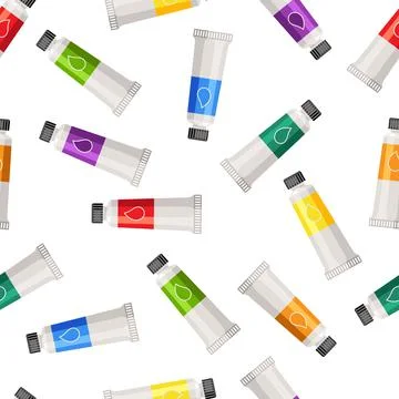 Seamless pattern with paint tubes. Painter tools and materials. Art supplies for 스톡 일러스트