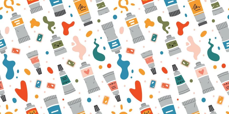 Seamless pattern with Paint tubes on white background, oil paint, acrylic, go Stock Illustration