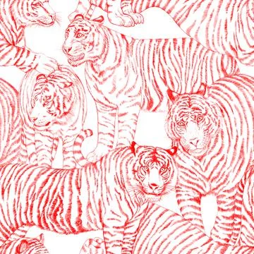 Seamless pattern with painted in gouache tigers in vintage style Stock Illustration