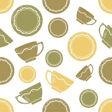 Seamless pattern of painted plates and tea cups in different colors Stock Illustration