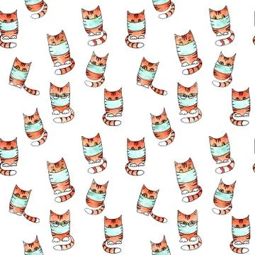 Seamless pattern of painted striped ginger red cats in a medical mask. graphi Stock Illustration